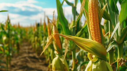 Corn cobs in corn plantation field with sunrise background. Generative Ai
