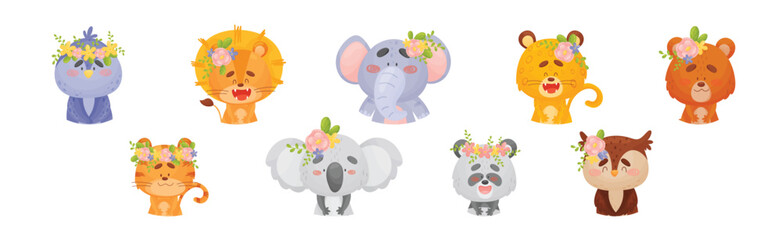 Obraz na płótnie Canvas Cartoon Animals with Flower Decoration on Their Heads Vector Set