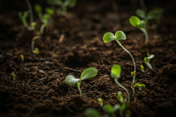Small young green lettuce seedlings just sprouted from seeds planted in fertile potting soil, close up