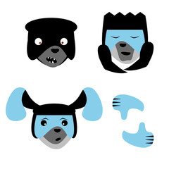 Animal set. A group of dogs. Dog faces and dog paws (thumbs up and thumbs down)