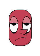 Big smiley face. Distorted face. Emotion of disappointment, dissatisfaction. Red cartoon sad face.