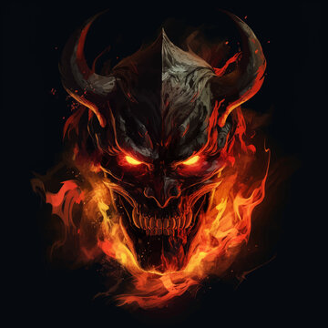 Devil skull with horns and red fire flames. Fantasy monster. Head of The Fire Demon. Lord of Hell. The Eyes of Satan. Isolated on black. 3d Digital illustration