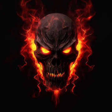 Devil skull with red fire flames. Fantasy monster. Head of The Fire Demon. Lord of Hell. The Eyes of Satan. Isolated on black. 3d Digital illustration