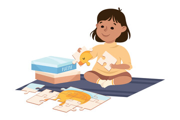 Little Girl Playing Jigsaw Puzzle Assembling Mosaiced Pieces into Picture Vector Illustration