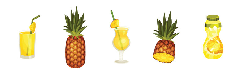 Pineapple Fruit Dessert with Cocktail in Glass and Yoghurt Vector Set