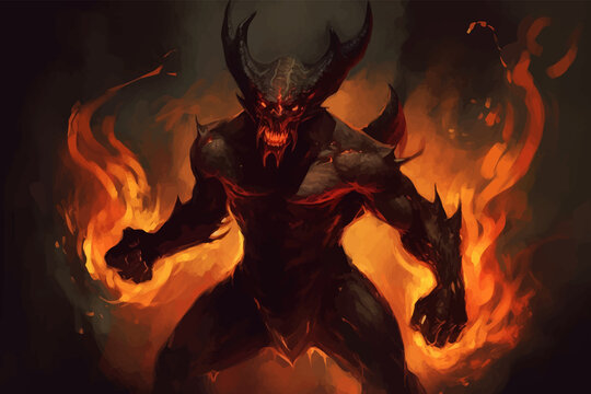 Devil with horns in the flames of fire. Scary Fantasy monster. The Fire Demon with red eyes. Lord of Hell. Satan. Lagend. Isolated on black. 3d Digital illustration