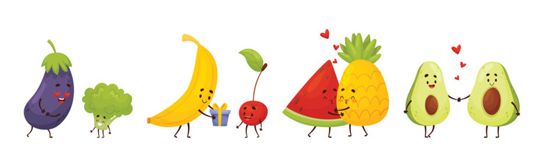 Cute Fruit and Vegetable Couples Feeling Love and Passion Vector Set