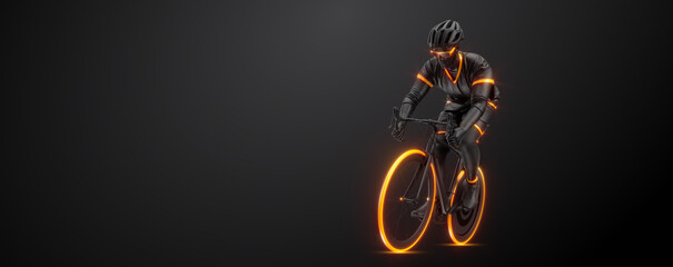 Abstract silhouette of a road bike racer, man is riding on sport bicycle isolated on black background. Cycling sport transport. 3d render