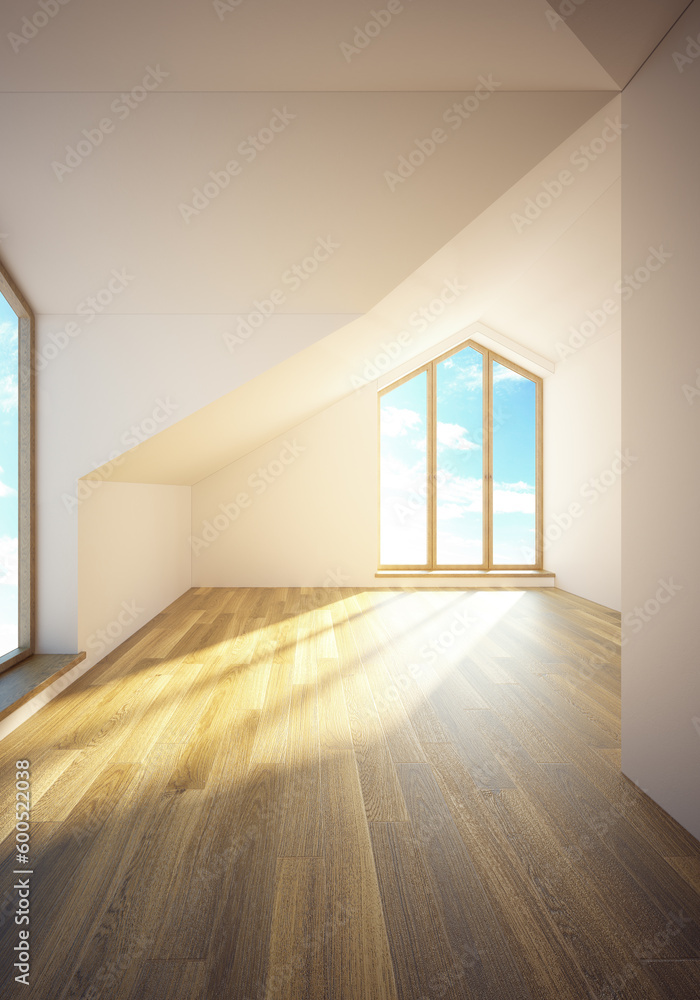 Aufkleber 3d rendering the empty mansard room with windows