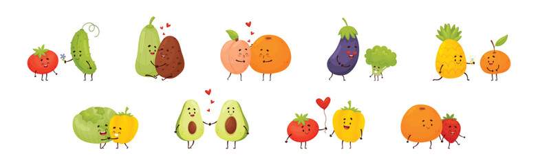Cute Fruit and Vegetable Couples Feeling Love and Passion Vector Set