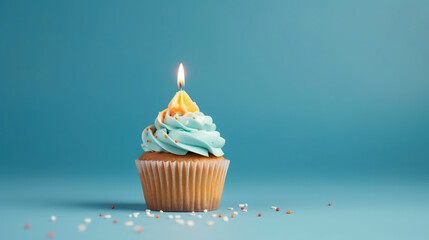 cupcake lit up with a candle against a blue background. Generative Ai