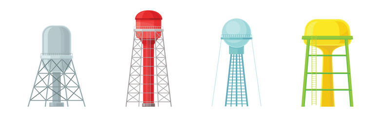 Elevated Water Tower or Tank Made of Metal for Storing Water Vector Set