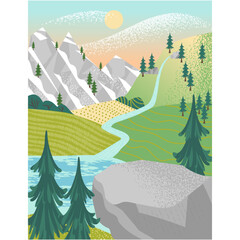 Fototapeta na wymiar Mountain and river vector landscape flat cartoon