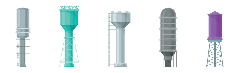 Elevated Water Tower or Tank Made of Metal for Storing Water Vector Set