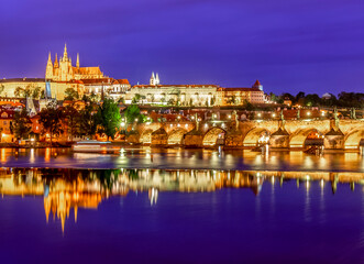 Prague castle and Charles bridge at night, Czech Republic