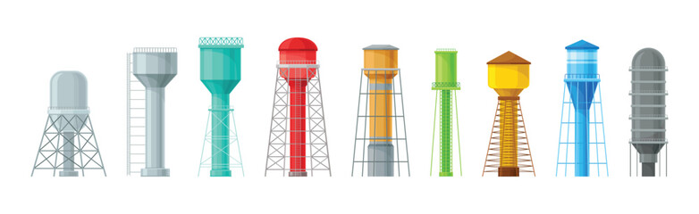 Elevated Water Tower or Tank Made of Metal for Storing Water Vector Set