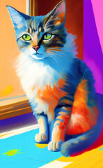 Artistic oil painting.Cat portrait.Large brush strokes.Digital creative designer art drawing.AI illustration