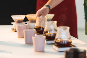 Hand stirring a coffee pot in brewer competition.