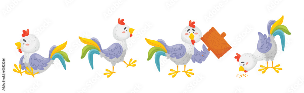 Poster rooster funny character with bright feathers engaged in different activity vector set