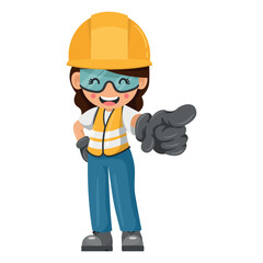 Industrial worker woman with her personal protective equipment pointing finger. Indicating with the index finger. Engineer with safety helmet. Industrial safety and occupational health at work