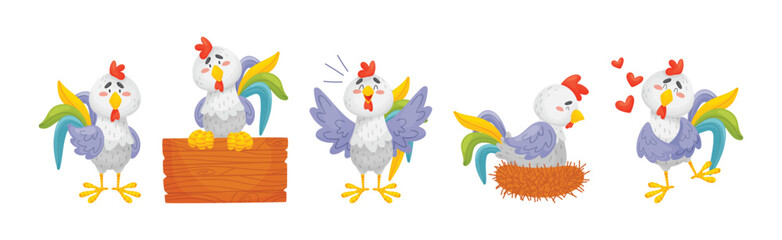 Rooster Funny Character with Bright Feathers Engaged in Different Activity Vector Set