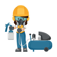 Industrial worker painter woman with personal protective equipment using air compressor with spray gun. Industrial safety and occupational health at work
