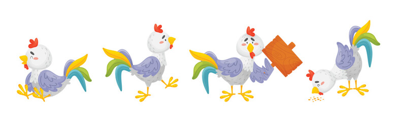 Rooster Funny Character with Bright Feathers Engaged in Different Activity Vector Set