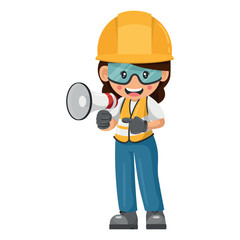 Industrial construction worker woman making an announcement with a megaphone. Site supervisor engineer with personal protective equipment. Industrial safety and occupational health at work
