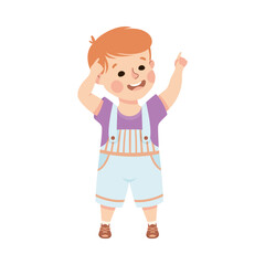 Smiling Boy Character Pointing at Something with His Finger Vector Illustration
