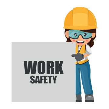 Industrial construction woman worker with her personal protective equipment and work safety poster. Engineer with safety helmet. Industrial safety and occupational health at work