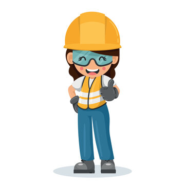 Woman industrial construction worker wearing personal protective equipment giving a thumbs up. Engineer with safety helmet. Industrial safety and occupational health at work
