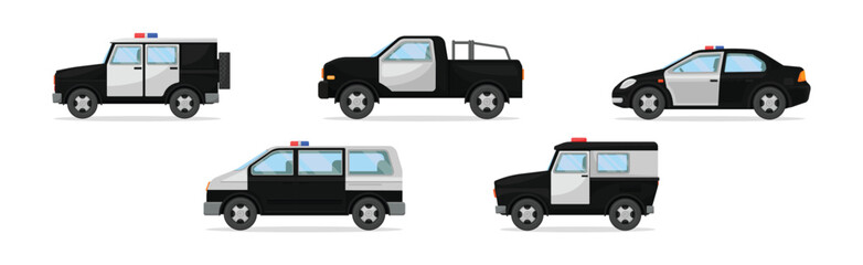 Police Car or Radio Motor Patrol Vehicle with Siren Vector Set