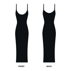 Vector drawing of a fashionable, long, black dress with a deep neckline. Sketch of a fitted evening dress with straps. Jersey dress dress template front and back view.