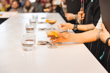 Glasses of coffee drinks.