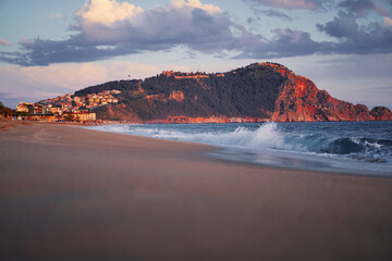 Beautiful landscape. Cleopatra Beach in sunset time, Turkey.