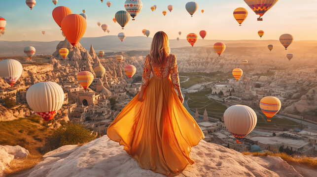 Young beautiful woman wearing elegant long dress in front of Cappadocia landscape at sunshine with balloons in the air. Generative Ai