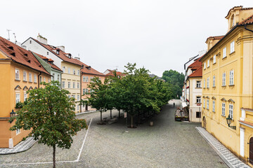 Fototapeta na wymiar Wide-angle view of an empty square in the Kampa district in Prague, Czech Republic.