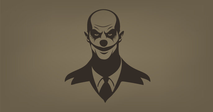 Vector simple stencil of monochrome ominous bald joker clown with a menacing look and big painted maw, in a suit and tie. Logo or emblem.