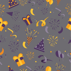 Colorful seamless celebration vector pattern. Beige background and confetti. Festive background. Holiday Wallpaper.