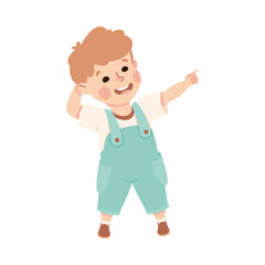 Smiling Boy Character Pointing at Something with His Finger Vector Illustration