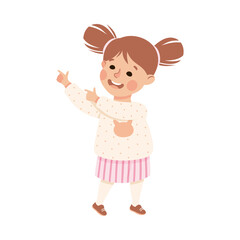 Funny Little Girl Character Pointing at Something with Her Finger Vector Illustration