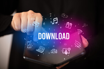 Businessman holding a foldable smartphone, social media concept