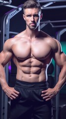 Fototapeta na wymiar A muscular gym man posing for the camera, six pack, shirtless ai, ai generative, illustration