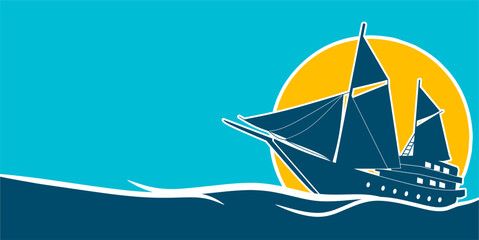 Fototapeta premium sailing boat in the sea background with copy space, suitable for maritime day, banner, poster, card, Pinisi ship vector art.
