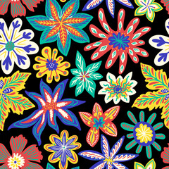 vector colorful variety floral seamless pattern on black