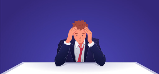 Vector illustration of an overworked man sitting at the table. The character holds his head with his hands, conveys the idea of fatigue from a huge number of cases, tasks. The man is confused.