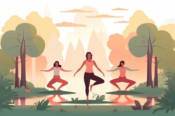 Women practicing yoga and meditation. World Yoga Day concept, Generative Ai