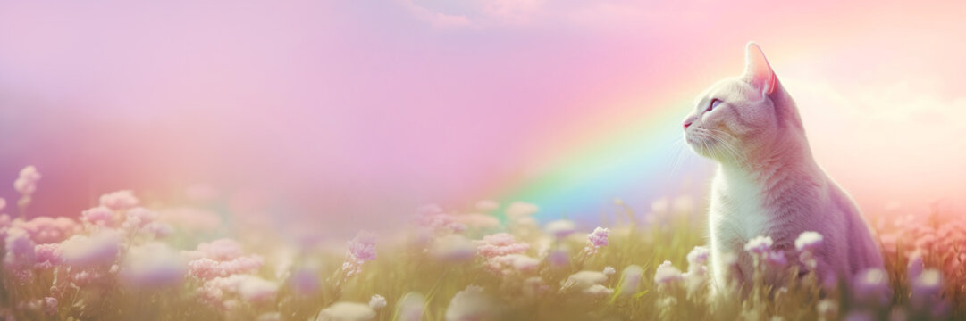 Banner with Cute pet cat goes to rainbow. Metaphor for pet's departure to afterlife. Generative AI illustration