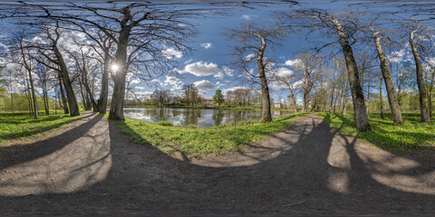 full seamless spherical 360 hdri panorama view on pedestrian walking path among poplar grove with clumsy branches near lake in equirectangular projection with , ready VR AR content
