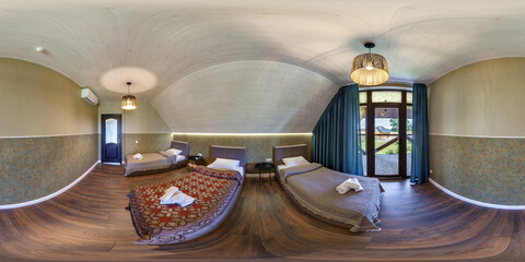 360 hdri panorama in interior of wooden eco bedroom in rustic style homestead on mansard floor with...